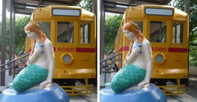 旧都電車両(6000形)と人魚オブジェ 交差法立体画像