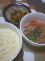 キムチ納豆うどん＆かぼちゃの煮物