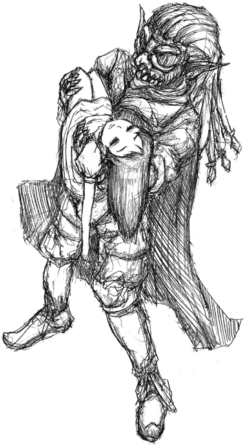 恐ろしい怪人が気絶した萌え系の女の子をお姫様抱っこしている図